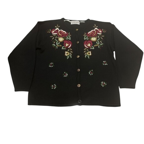 Vintage Wool Cardigan Black Floral Embroidered Sweater 90s Cottagecore Academia - Picture 3 of 5